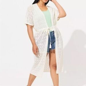 Torrid-Cardigan Sweater 3/4X Duster Off White Crochet Pointelle Knit Tie Waist